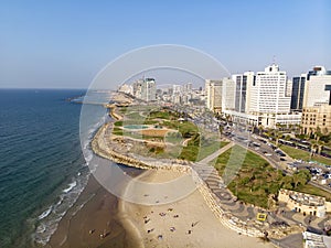 Tel Aviv skyline off the shore of the Mediterranean sea - Panoramic aerial image