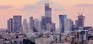 Tel Aviv Skyline At Sunset,  Tel Aviv Cityscape Panorama At Sunset Time, Israel