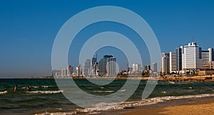 Tel Aviv , skyscraper seen from the shore of the Mediterranean Sea