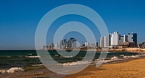 Tel Aviv , skyscraper seen from the shore of the Mediterranean Sea