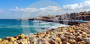Panoramic view of Old City of Jaffa and Jaffa port at Mediterranean coastline seen from Midron Yaffo Park in Tel Aviv Yafo, Israel