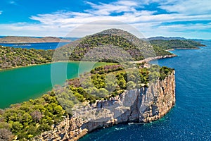 Telascica nature park and green Mir lake on Dugi Otok island aerial view