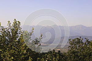 Telavi city on mountain range background in sunset shinelight, Georgia