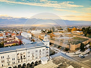 Telavi, Georgia - 6th novermber, 2022: Aerial drone panorama of Telavi old town buildings. Telavi is the main city of Kakheti