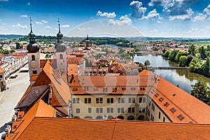 Telc city with historical buildings, church and a tower. Unesco world heritage site, South Moravia, Czech republic. View from