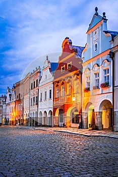 Telc, Czech Republic. Baroque architecture downtown of historical city, Hradce Square, world heritage in Moravia