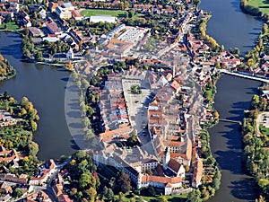 Telc, view on old town a UNESCO world heritage site, Czech republic. Aerial footage