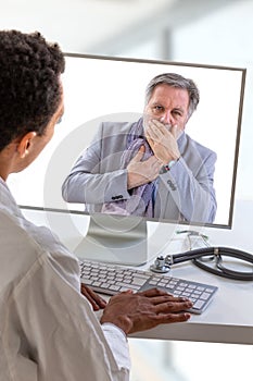 Tele-Mdicine, Tele-consultation -Doctor computer screen. Telemedicine or telehealth concept, sore throat, flu photo