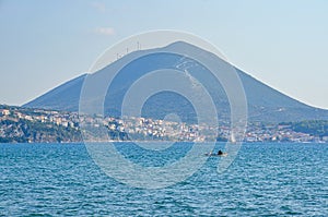 Tele photo view of the beautiful seaside city of Pylos in western Messenia, Peloponnese, Greece