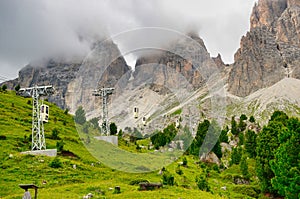 Telecabine Sassolungo to Forcella del Sassolungo in the Dolomite Alps, aerial cableway for the mountains, Langkofel,