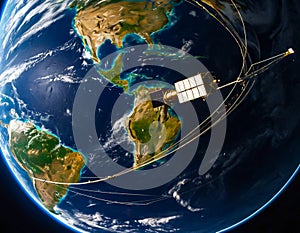 telecom communication satellite orbiting around the earth.