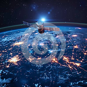 telecom communication satellite orbiting around the globe earth with futuristic technology -