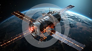 telecom communication satellite orbiting around the globe earth with futuristic technology. Generative AI