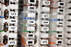 Telecom quick connect punchdown blocks with colorful solid copper twisted pair wire close up