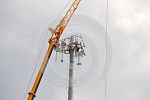 Telecom tower install communication equipment for sent signal to the city, satellite dish telecom network in the city