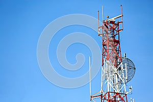 Telecom tower install communication equipment for sent signal to the city, Satellite dish telecom network in the city