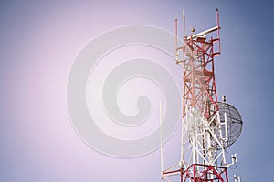 Telecom tower install communication equipment for sent signal to the city, Satellite dish telecom network in the city, industry photo