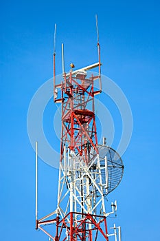 Telecom tower install communication equipment for sent signal to the city, Satellite dish telecom network in the city