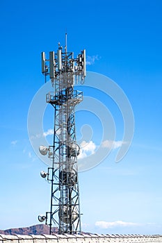 A telecomm tower phone networkon on blue sky and cloud