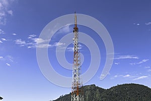 Telecommunication 5G & 4G tower mast on sky background. Cellular telephone network or Digital wireless connection system.