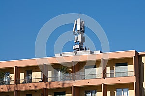 Telecommunication antenna of 4G and 5G network on a building in Sorengo, Switzerland