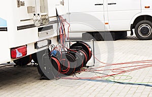 The telecommunication cables on reels , Broadband cable drum with laying trailer