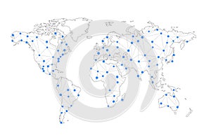 Telecommunication connection lines, world map isolated on white