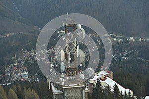 Telecommunication GSM internet and telecomunication data scaffolding antenna on top of the mountain.