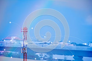 Telecommunication mast TV antennas wireless technology on blue sky background and copy space