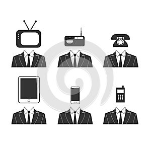 Telecommunication and media flat simple icon set. Symbols for technology, social media, internet, tablet, phone, radio,