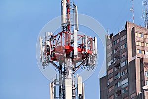 Telecommunication network repeaters, base transceiver station. Tower wireless communication antenna transmitter and repeater.