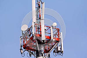 Telecommunication network repeaters, base transceiver station. Tower wireless communication antenna transmitter and repeater.