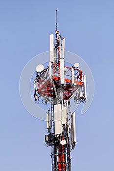 Telecommunication network repeaters, base transceiver station. Tower wireless communication antenna transmitter and repeater.