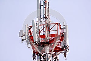 Telecommunication network repeaters, base transceiver station. Tower wireless communication antenna transmitter and repeater.