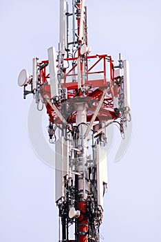 Telecommunication network repeaters, base transceiver station. Tower wireless communication antenna transmitter and repeater.