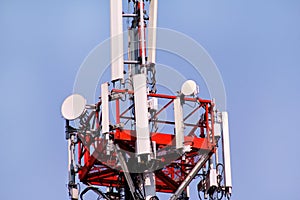 Telecommunication network repeaters, base transceiver station. Tower wireless communication antenna transmitter and repeater.