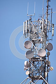 Telecommunication network repeaters, base transceiver station. Tower wireless communication antenna transmitter and repeater.