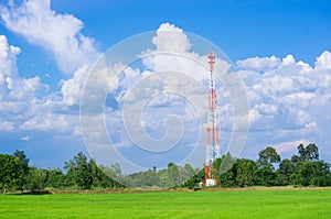 Telecommunication Radio Antenna and Satelite Tower with blue sky photo