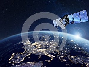 Telecommunication satellite providing global internet network and high speed data communication above Europe. Satellite in space,