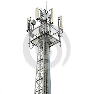 Telecommunication signal tower isolated on white background photo