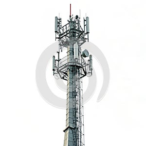 Telecommunication signal tower isolated on white background photo