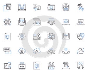 Telecommunication systems line icons collection. Nerking, Broadcast, Modems, Satellite, Microwave, Bandwidth, Fiber