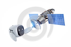 Telecommunication technology concept with small robot work with satellite dish