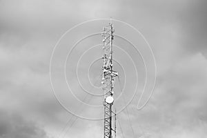 Telecommunication tower of 4G and 5G cellular. Antenna transmission communication. Cell phone signal base station.