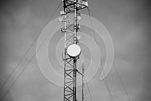 Telecommunication tower of 4G and 5G cellular. Antenna transmission communication. Cell phone signal base station.