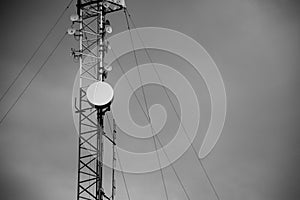 Telecommunication tower of 4G and 5G cellular. Antenna transmission communication. Cell phone signal base station.