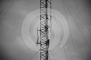 Telecommunication tower of 4G and 5G cellular. Antenna transmission communication. Cell phone signal base station.