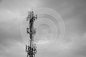 Telecommunication tower of 4G and 5G cellular. Antenna transmission communication. Cell phone signal base station.