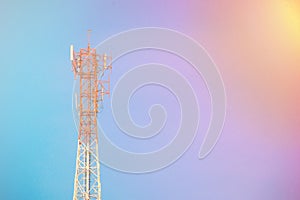 Telecommunication tower of 4G and 5G cellular. Antenna transmission communication. Cell phone signal base station.