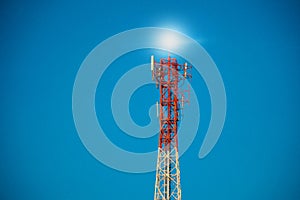 Telecommunication tower of 4G and 5G cellular. Antenna transmission communication. Cell phone signal base station.